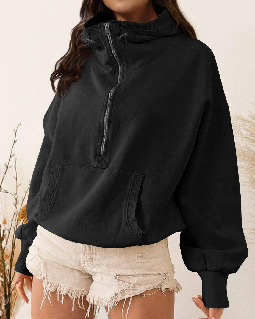 Ladies Long Sleeves Zip Collar Pocket Hoodie EWQD - SWEETKAMA