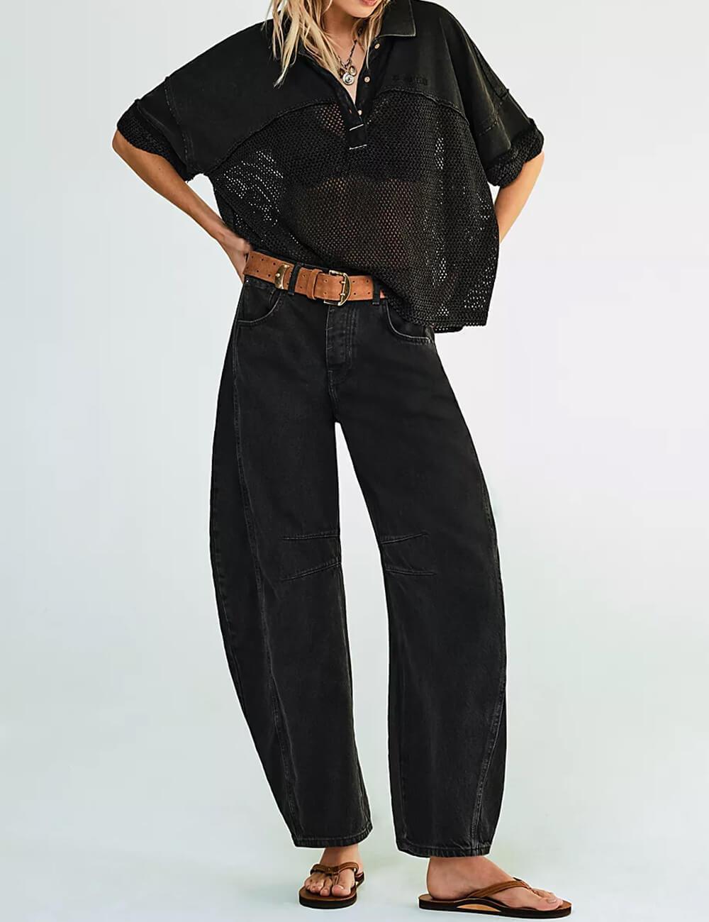 Ladies Mid Rise Wide Leg Barrel Jeans SKP522 - SWEETKAMA