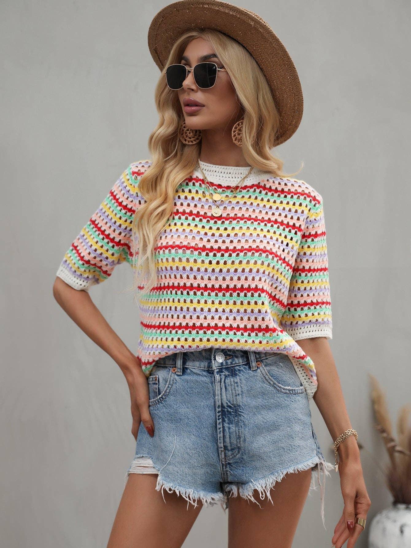 Ladies Multicolor Hallow Out Knit Blouse E2228 - SWEETKAMA