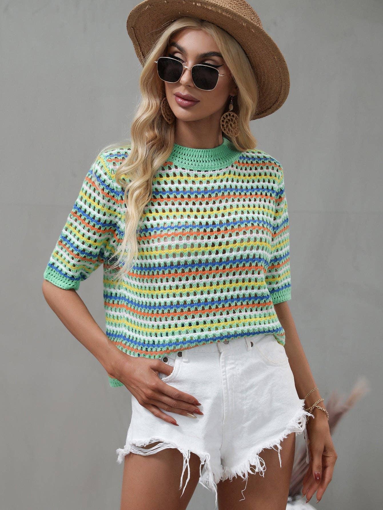 Ladies Multicolor Hallow Out Knit Blouse E2228 - SWEETKAMA