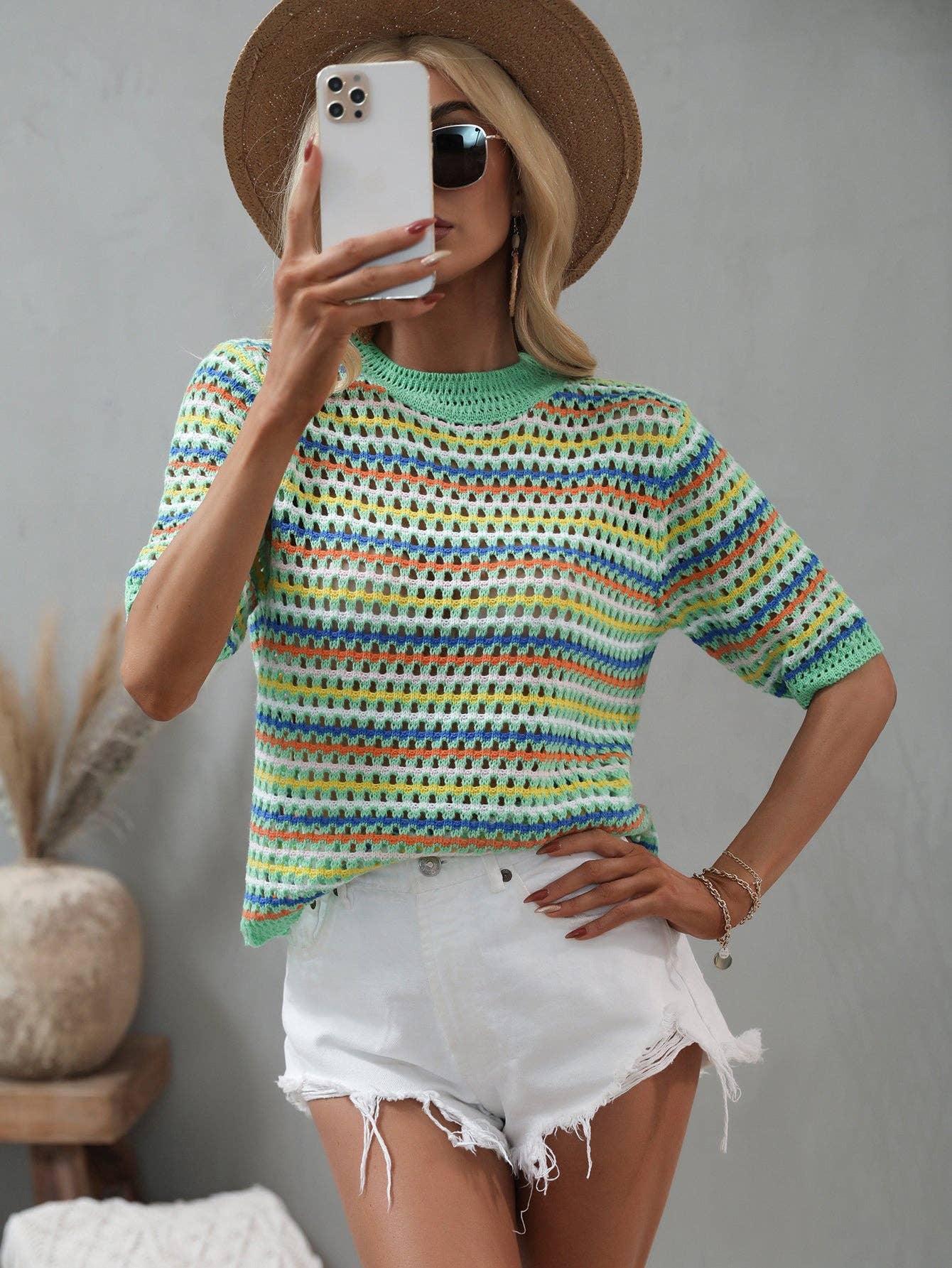 Ladies Multicolor Hallow Out Knit Blouse E2228 - SWEETKAMA