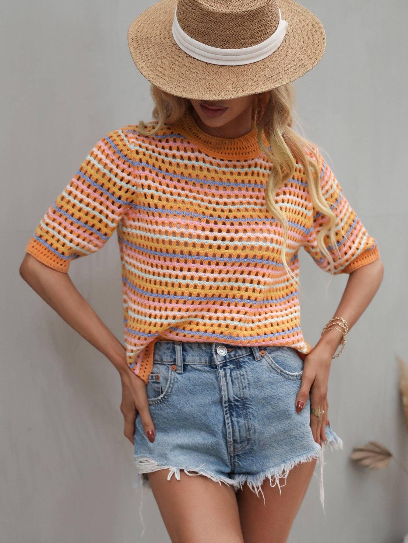 Ladies Multicolor Hallow Out Knit Blouse E2228 - SWEETKAMA