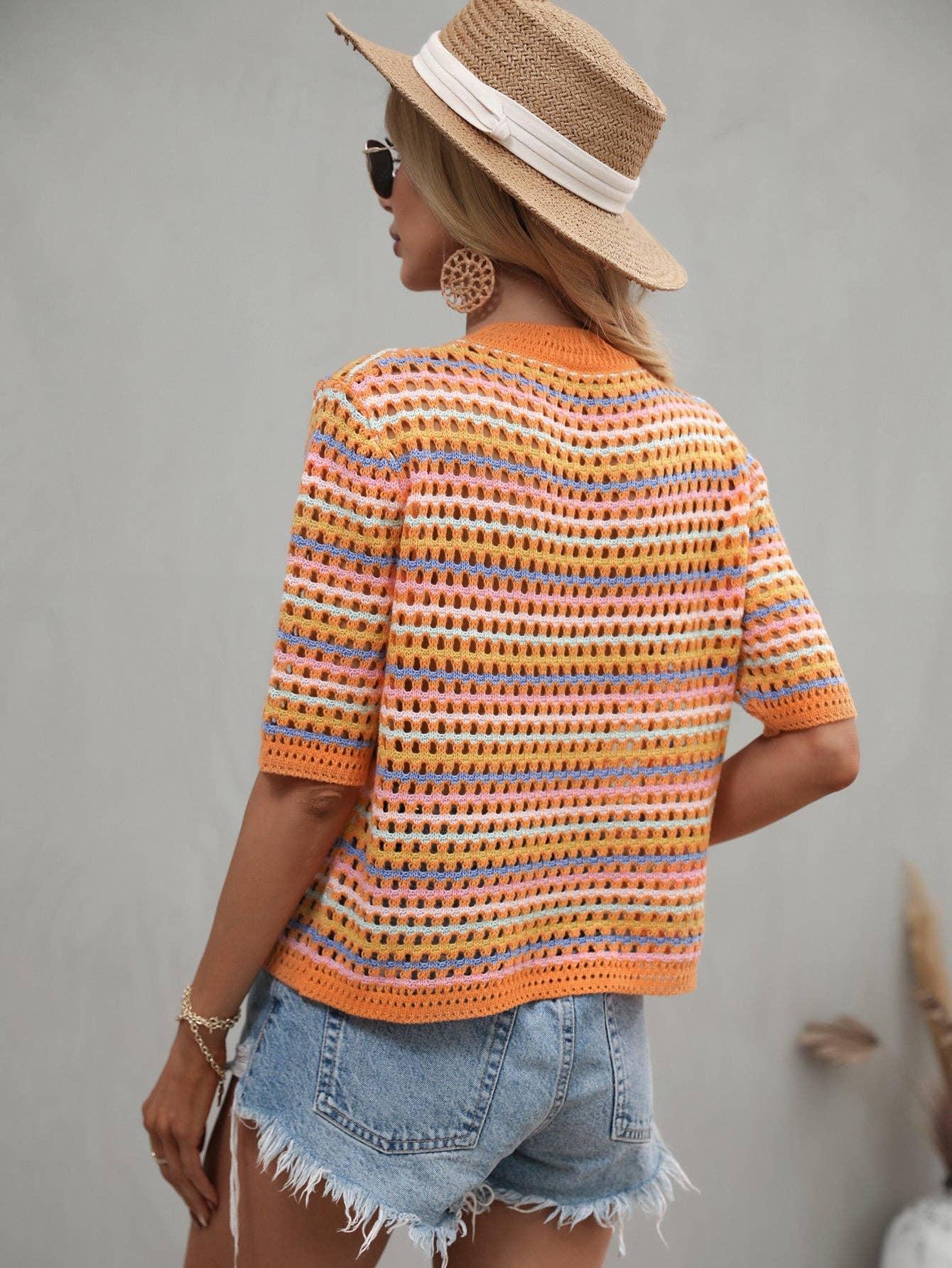 Ladies Multicolor Hallow Out Knit Blouse E2228 - SWEETKAMA