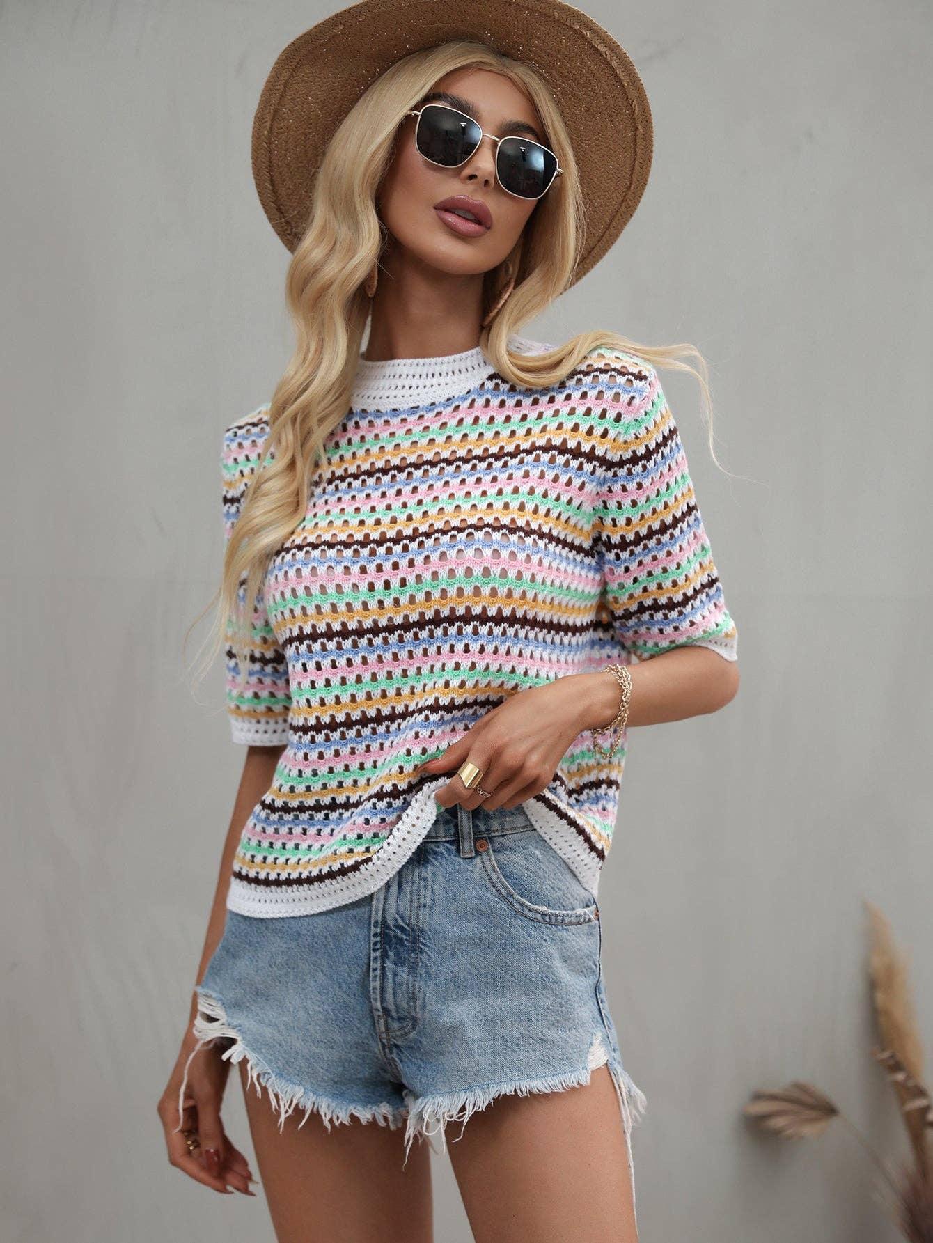 Ladies Multicolor Hallow Out Knit Blouse E2228 - SWEETKAMA