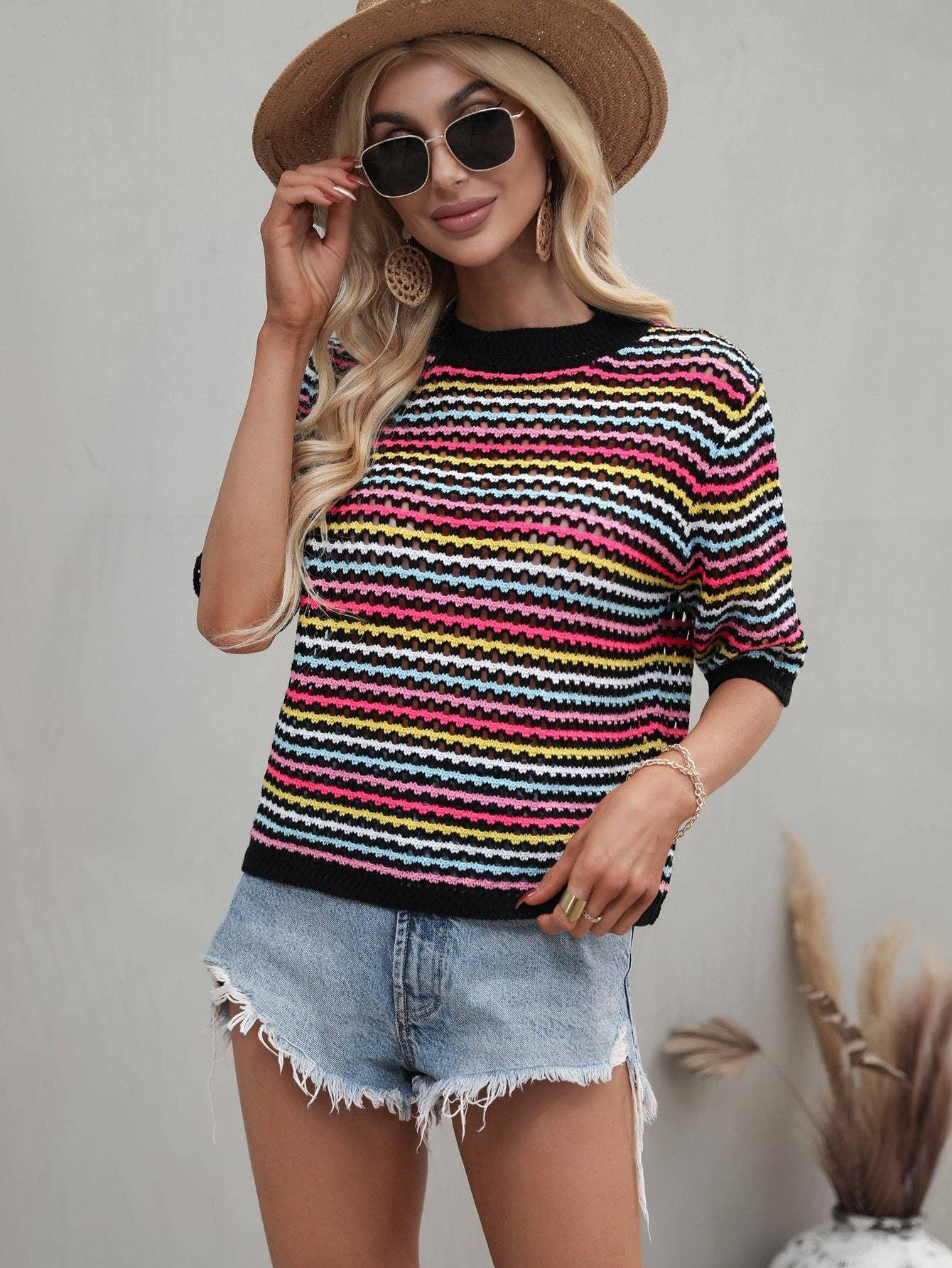 Ladies Multicolor Hallow Out Knit Blouse E2228 - SWEETKAMA