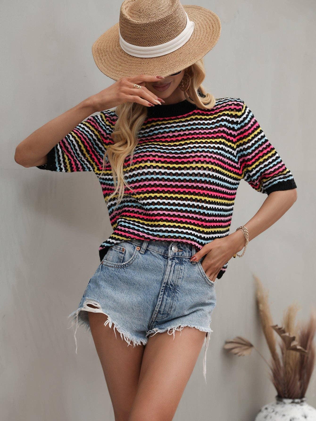 Ladies Multicolor Hallow Out Knit Blouse E2228 - SWEETKAMA