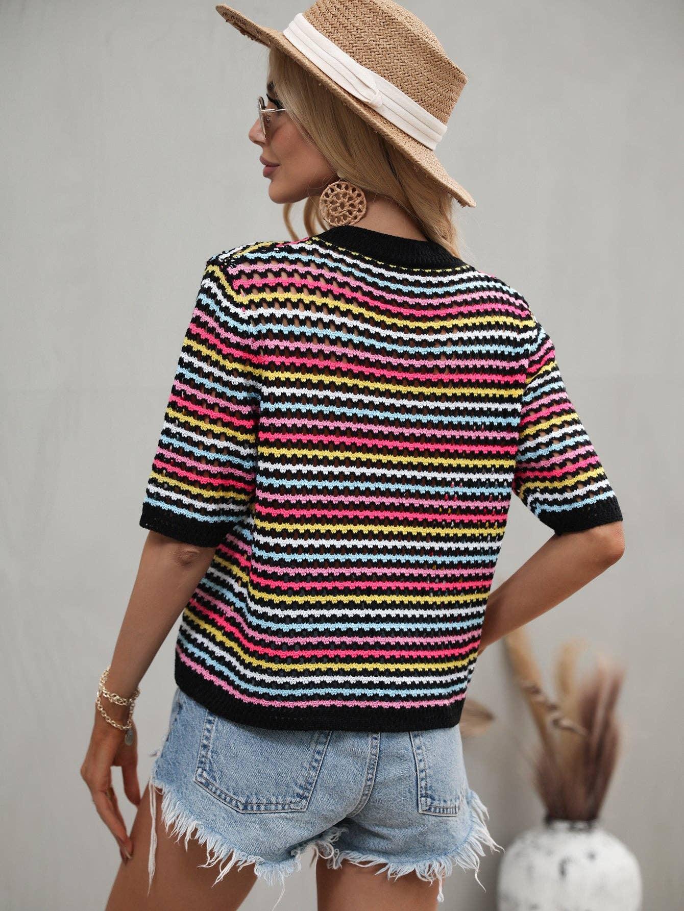 Ladies Multicolor Hallow Out Knit Blouse E2228 - SWEETKAMA