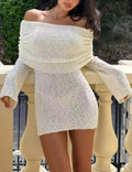 Ladies Off Shoulder Boucle Knit Mini Dress K744# - SWEETKAMA