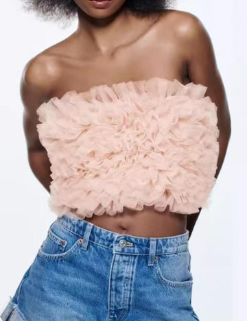 Ladies Off Shoulder Tulle Knit Tube Top DA - SWEETKAMA