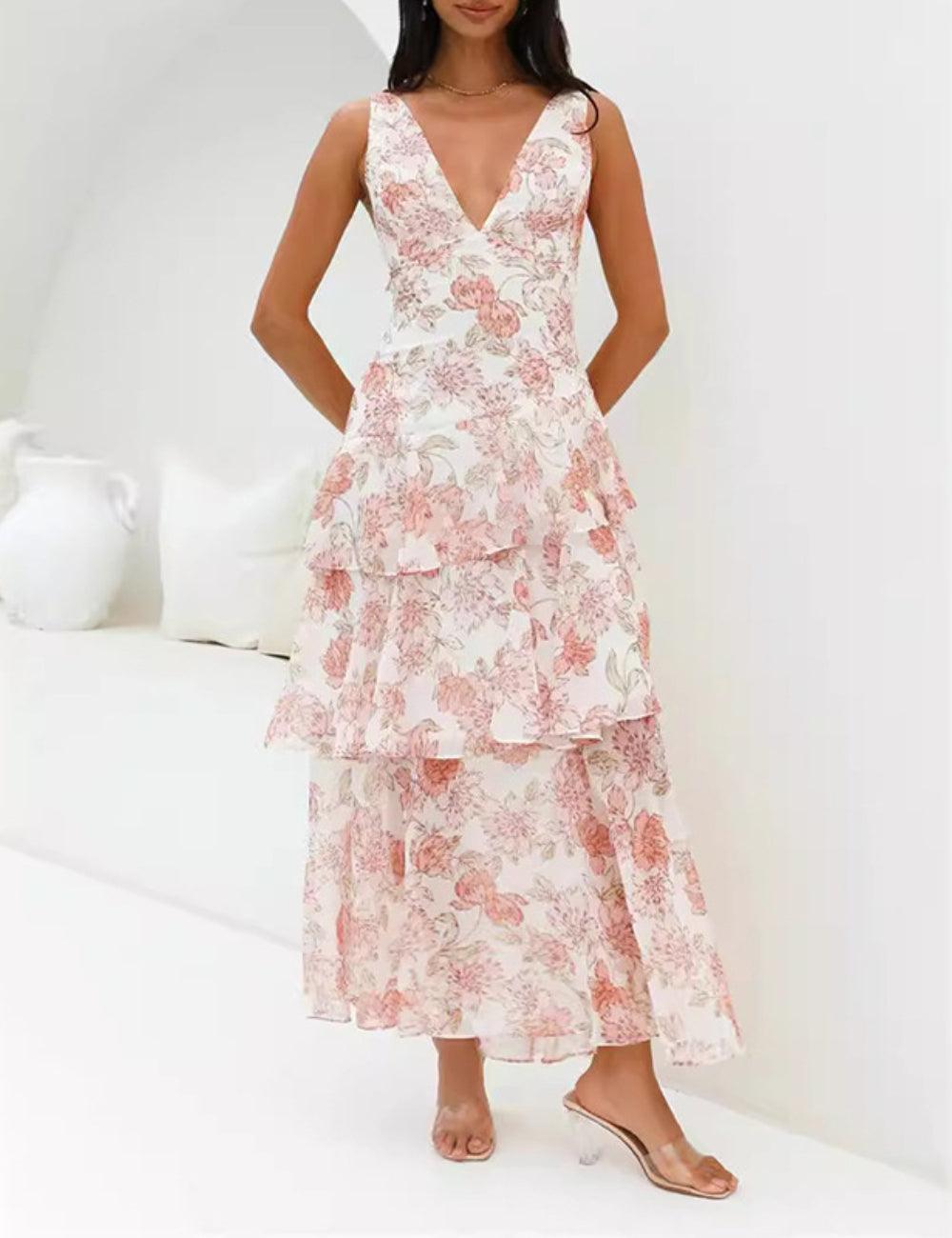 Ladies Peach Floral Tiered Ruffle Maxi Dress SKX3377 - SWEETKAMA