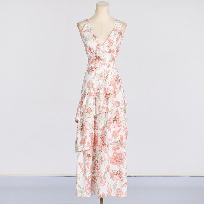 Ladies Peach Floral Tiered Ruffle Maxi Dress SKX3377 - SWEETKAMA