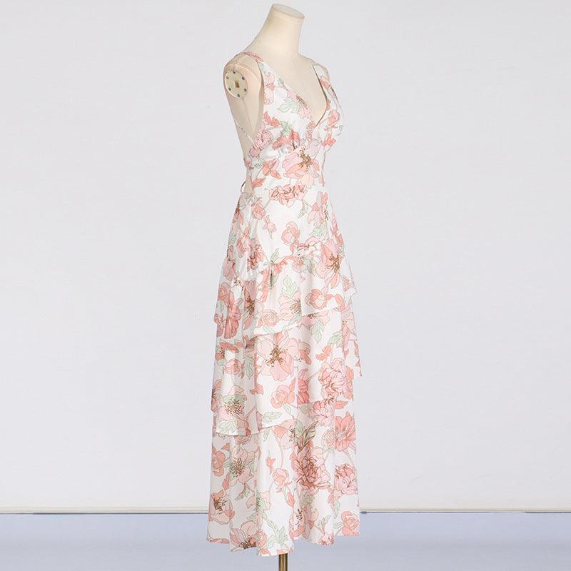 Ladies Peach Floral Tiered Ruffle Maxi Dress SKX3377 - SWEETKAMA