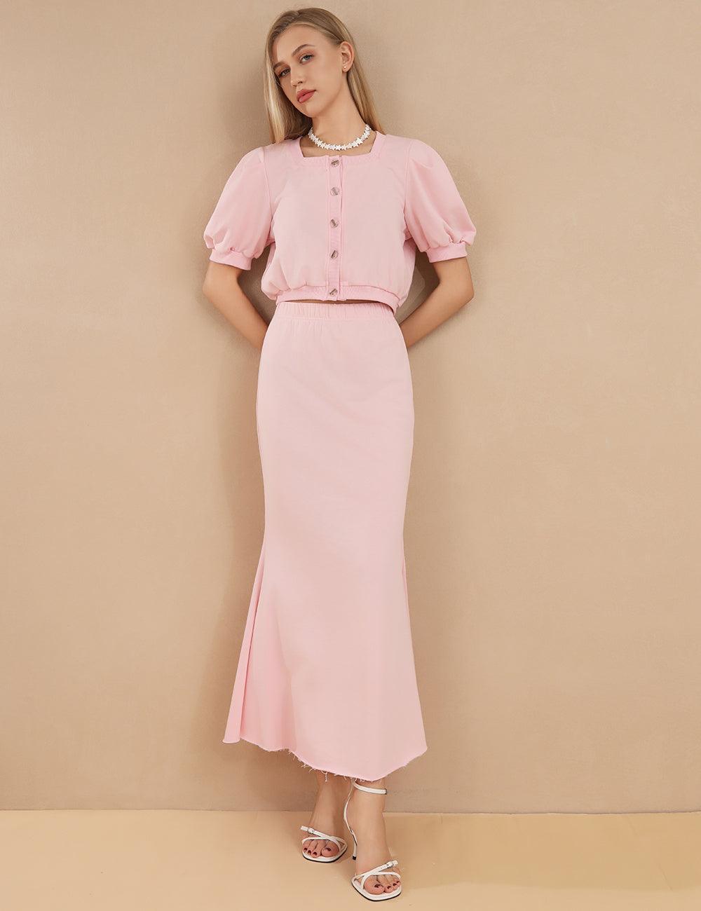 Ladies Pink Button Top And Skirt Sets SKST415 - SWEETKAMA