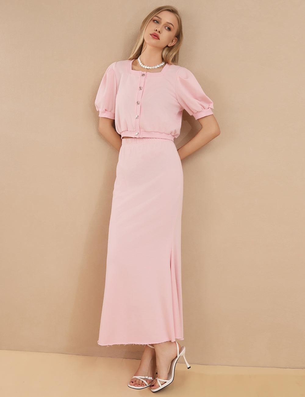 Ladies Pink Button Top And Skirt Sets SKST415 - SWEETKAMA