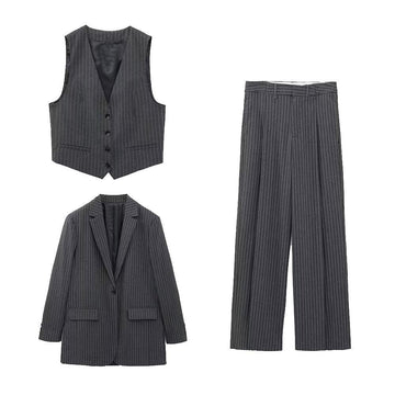 Ladies Pinstripe Suit Vest & Coat & Pants 3PCS Set 3809 - SWEETKAMA