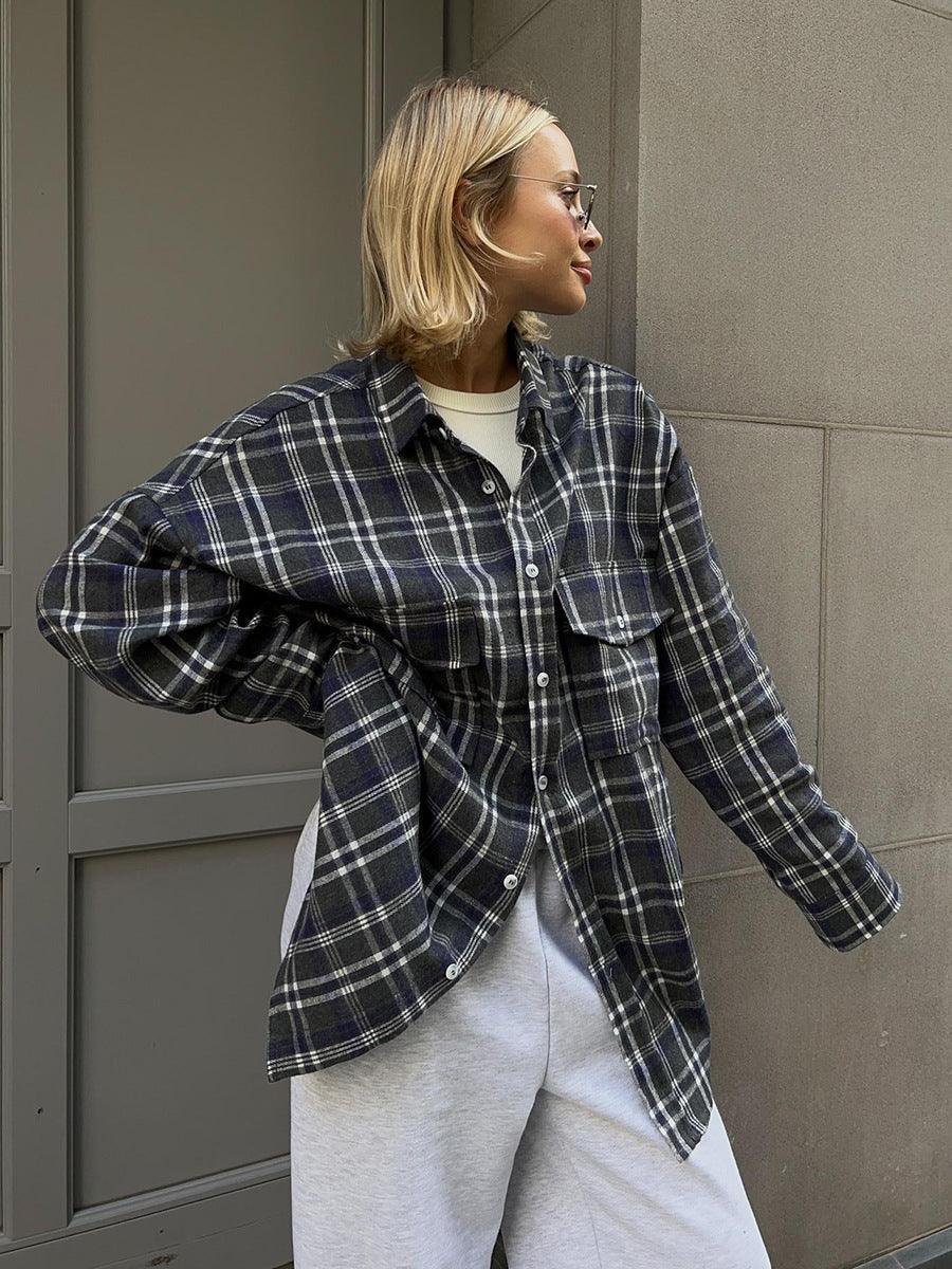 Ladies Plaid Print Long Sleeves Shirt CY0035 - SWEETKAMA