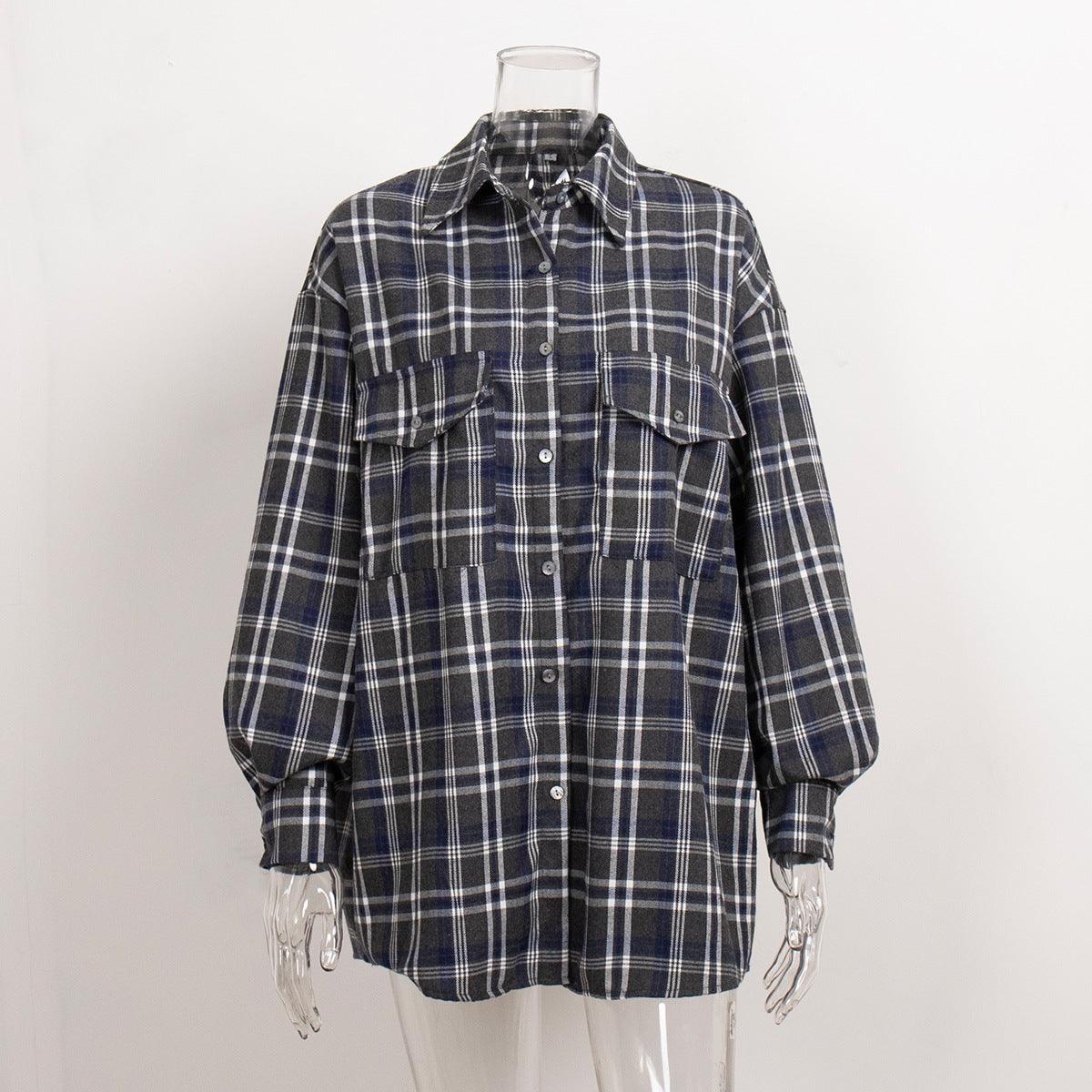 Ladies Plaid Print Long Sleeves Shirt CY0035 - SWEETKAMA