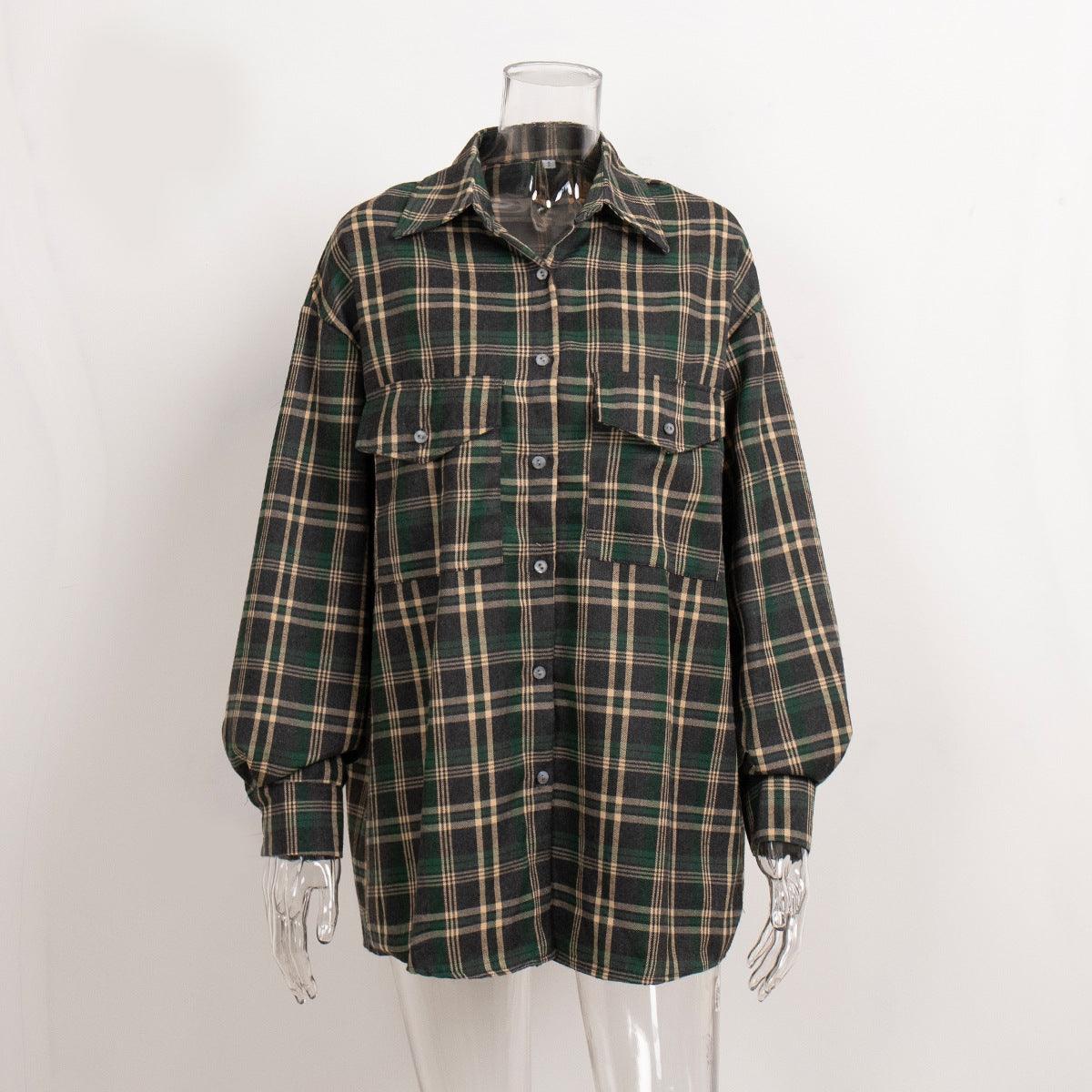 Ladies Plaid Print Long Sleeves Shirt CY0035 - SWEETKAMA