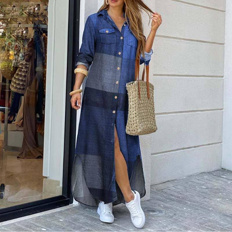 Ladies Plaid Shirt Feeling Relaxed Daily Long Dress 9237 - SWEETKAMA