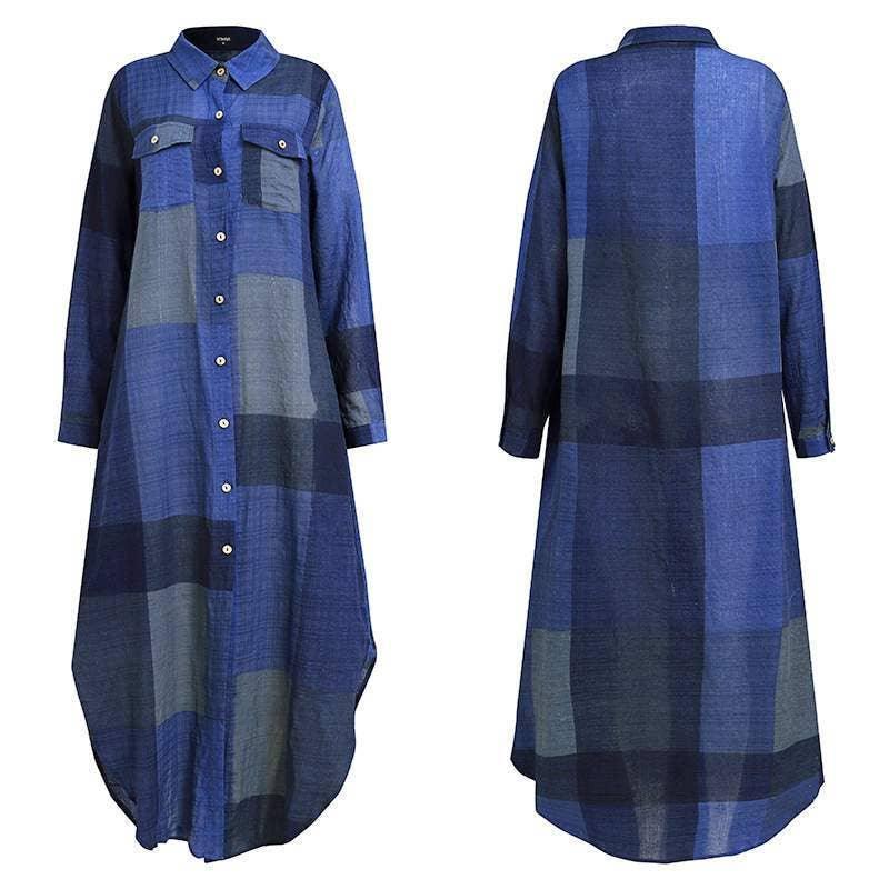 Ladies Plaid Shirt Feeling Relaxed Daily Long Dress 9237 - SWEETKAMA