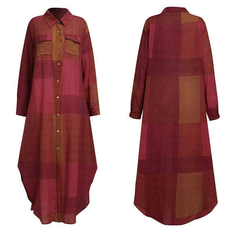 Ladies Plaid Shirt Feeling Relaxed Daily Long Dress 9237 - SWEETKAMA