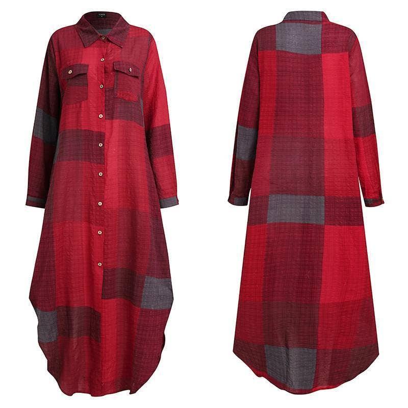 Ladies Plaid Shirt Feeling Relaxed Daily Long Dress 9237 - SWEETKAMA