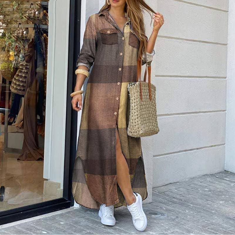 Ladies Plaid Shirt Feeling Relaxed Daily Long Dress 9237 - SWEETKAMA