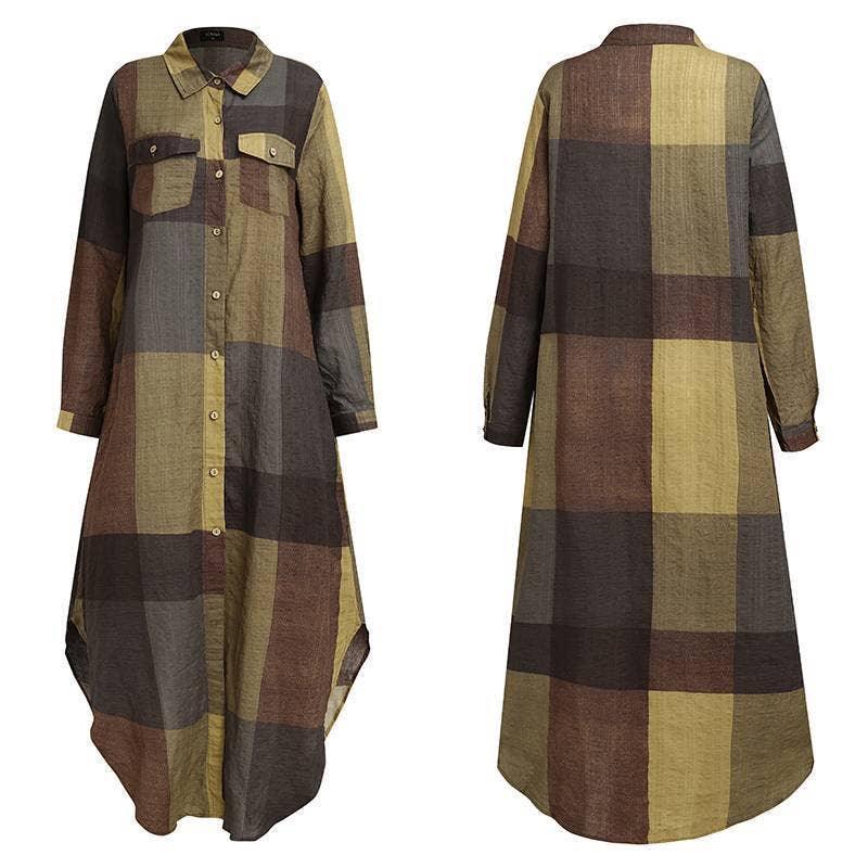 Ladies Plaid Shirt Feeling Relaxed Daily Long Dress 9237 - SWEETKAMA