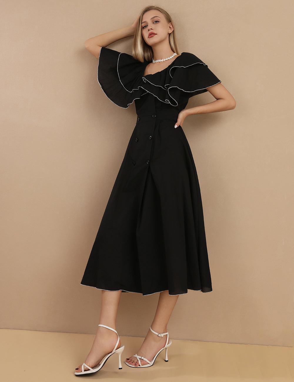 Ladies Pleated Butterfly Sleeves Midi Dress SKD430 - SWEETKAMA