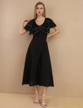 Ladies Pleated Butterfly Sleeves Midi Dress SKD430 - SWEETKAMA