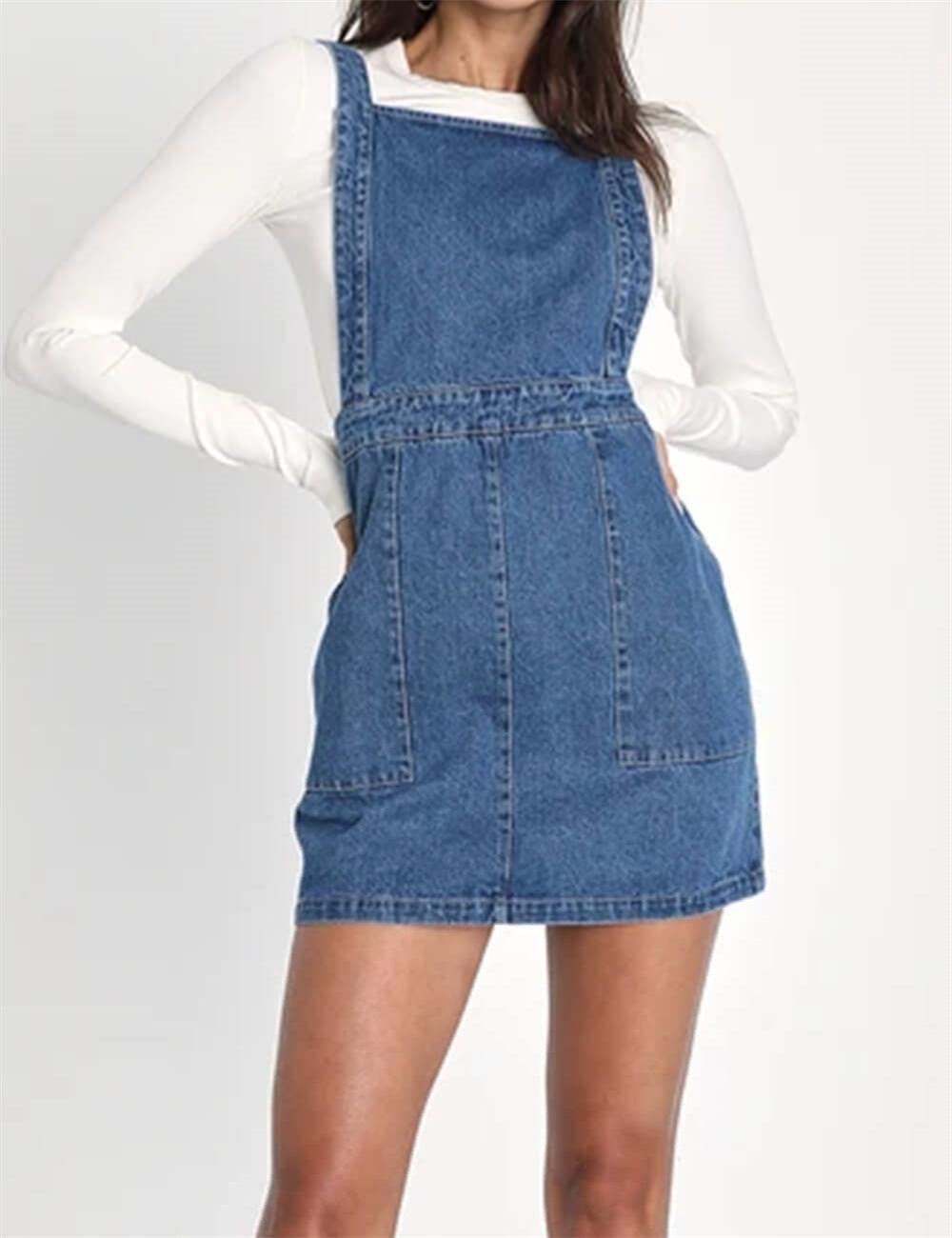 Ladies Pocket Denim Mini Overall Dress SKD547 - SWEETKAMA