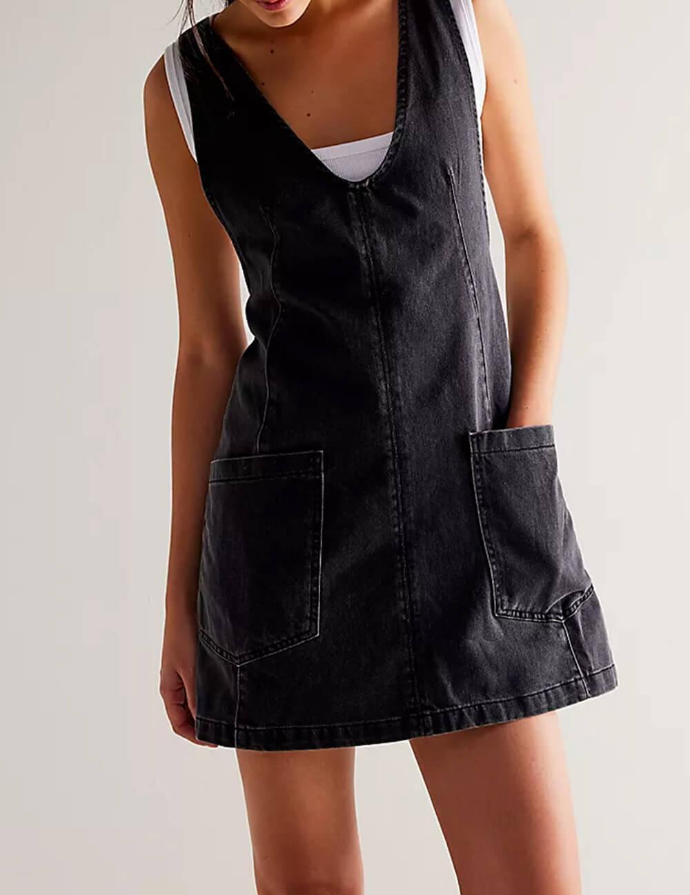 Ladies Pockets Denim Mini Dress SKD542 - SWEETKAMA