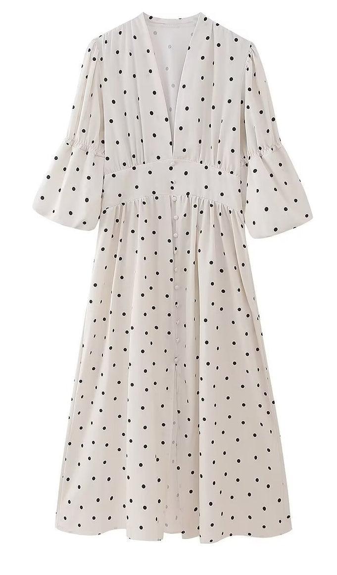 Ladies Polka Dot Print Lantern Sleeves Midi Dress QP233 - SWEETKAMA