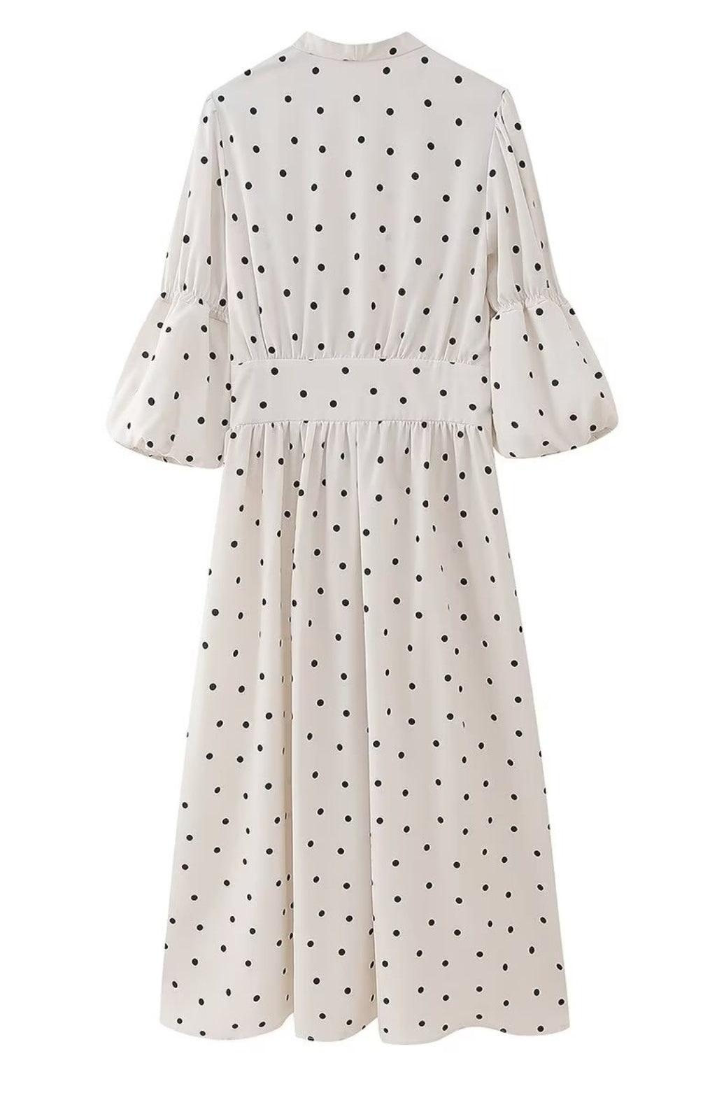 Ladies Polka Dot Print Lantern Sleeves Midi Dress QP233 - SWEETKAMA