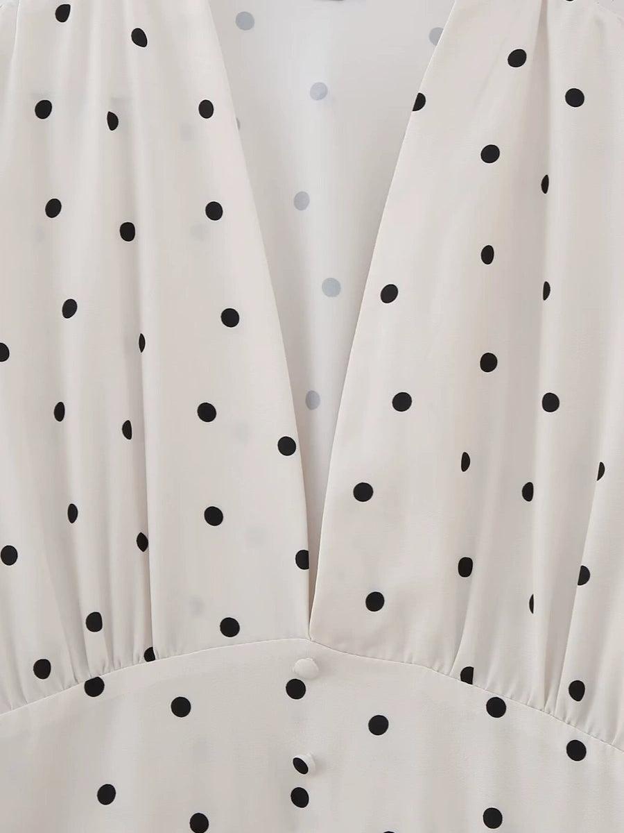 Ladies Polka Dot Print Lantern Sleeves Midi Dress QP233 - SWEETKAMA