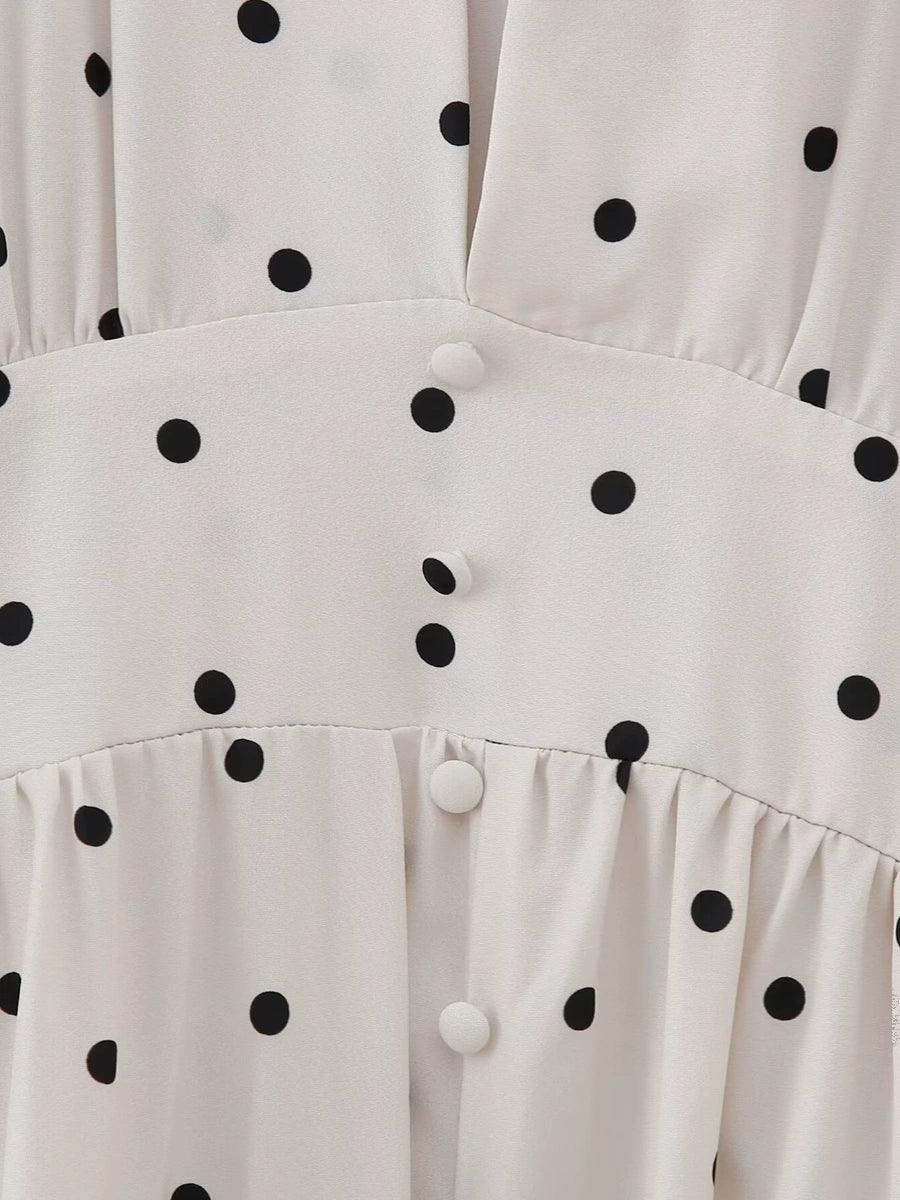 Ladies Polka Dot Print Lantern Sleeves Midi Dress QP233 - SWEETKAMA