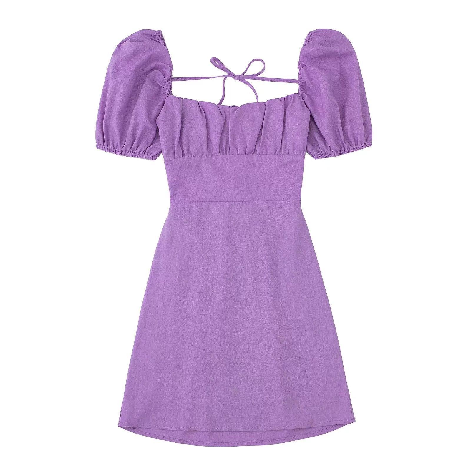 Ladies Puff Sleeves Tie Back Mini Dress 5250 - SWEETKAMA