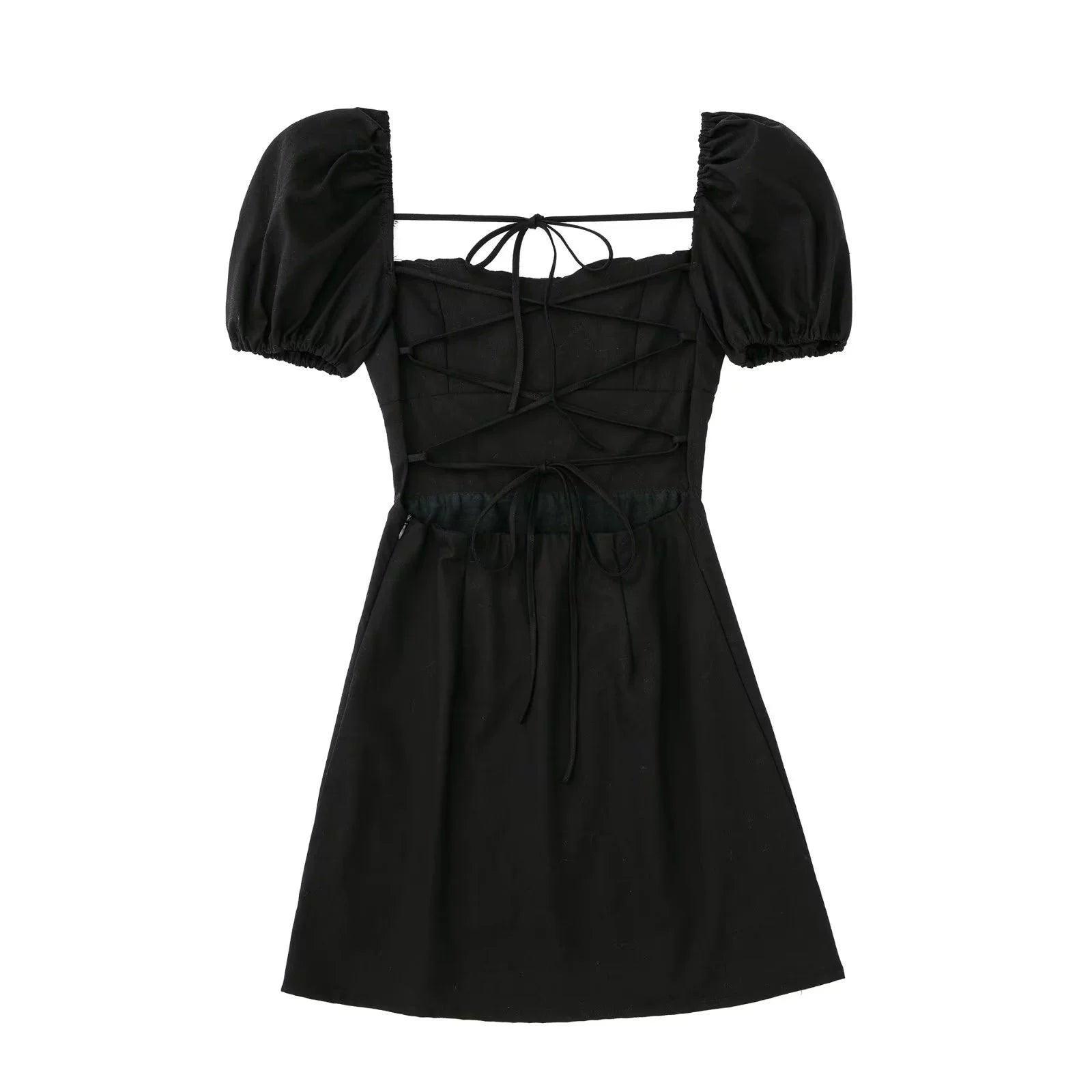 Ladies Puff Sleeves Tie Back Mini Dress 5250 - SWEETKAMA