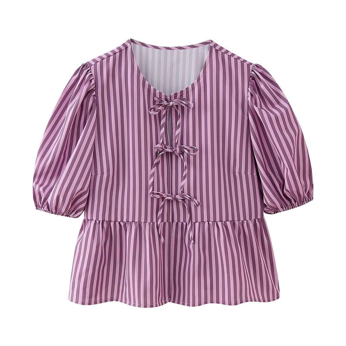 Ladies Puffed Sleeves Striped Blouse Top D16054 - SWEETKAMA