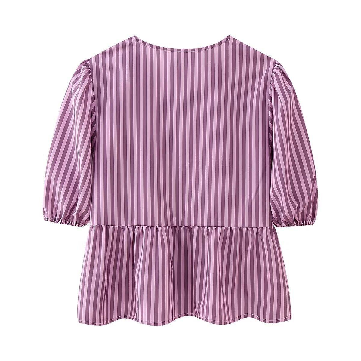 Ladies Puffed Sleeves Striped Blouse Top D16054 - SWEETKAMA