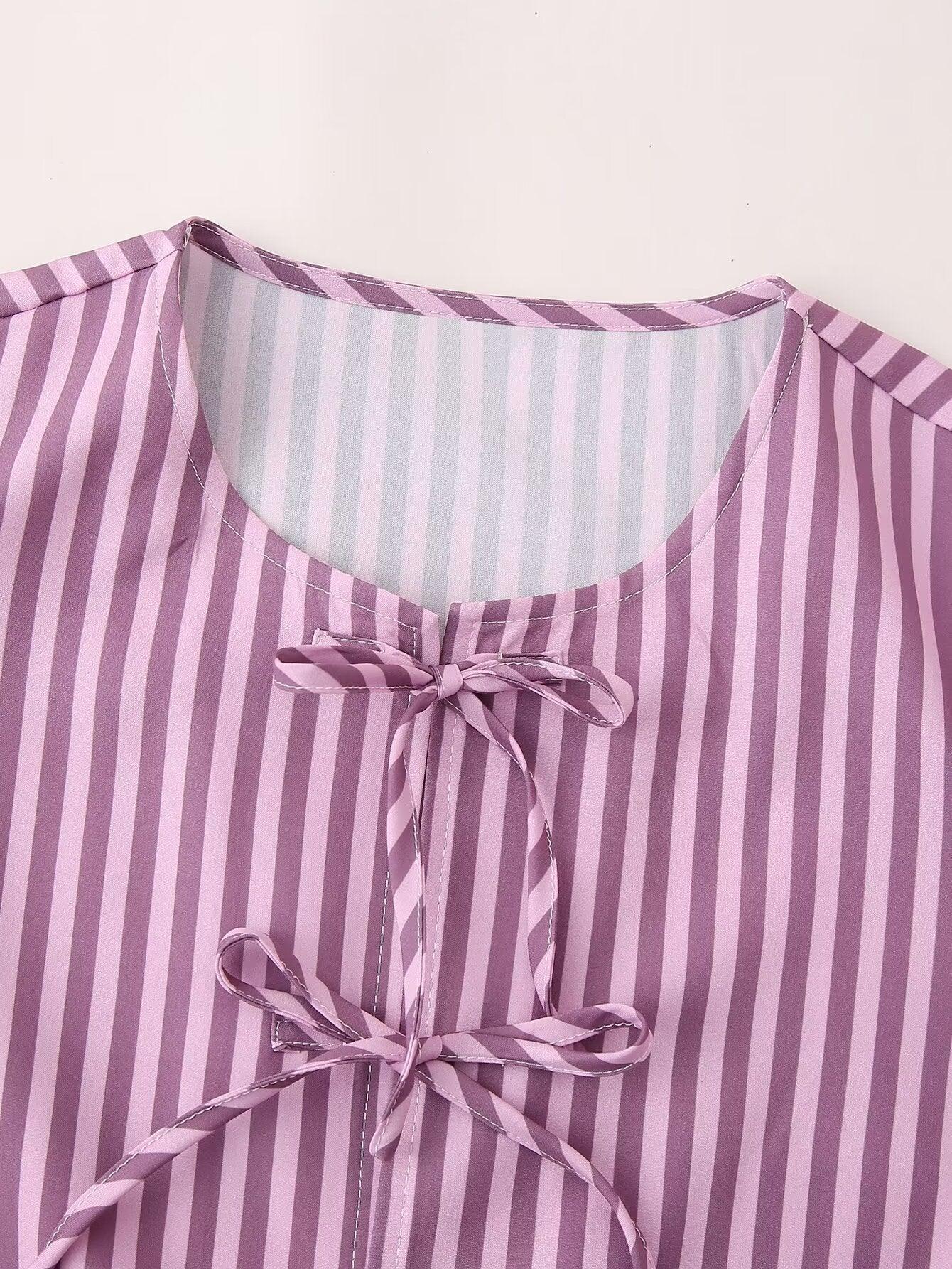 Ladies Puffed Sleeves Striped Blouse Top D16054 - SWEETKAMA