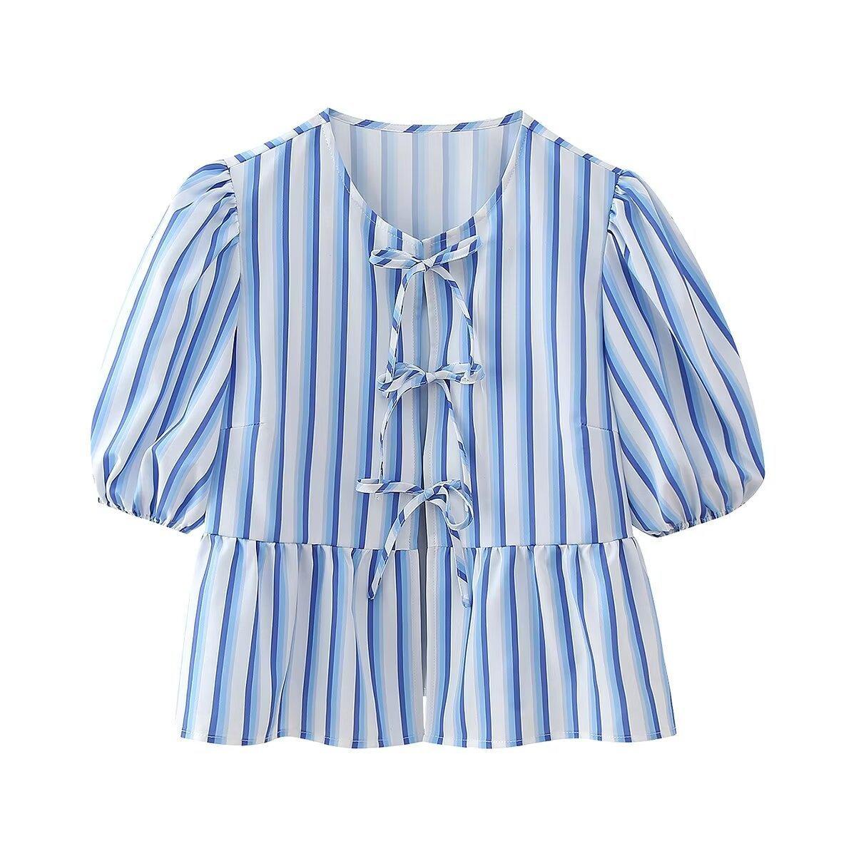 Ladies Puffed Sleeves Striped Blouse Top D16054 - SWEETKAMA