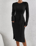 Ladies Ribbed Knit Belted Midi Dress G1026 - SWEETKAMA