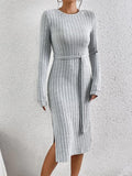 Ladies Ribbed Knit Belted Midi Dress G1026 - SWEETKAMA