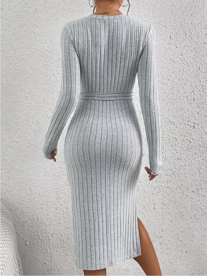 Ladies Ribbed Knit Belted Midi Dress G1026 - SWEETKAMA