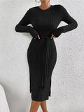 Ladies Ribbed Knit Belted Midi Dress G1026 - SWEETKAMA