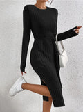 Ladies Ribbed Knit Belted Midi Dress G1026 - SWEETKAMA