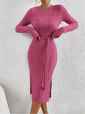 Ladies Ribbed Knit Belted Midi Dress G1026 - SWEETKAMA