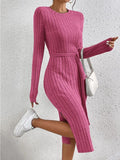 Ladies Ribbed Knit Belted Midi Dress G1026 - SWEETKAMA