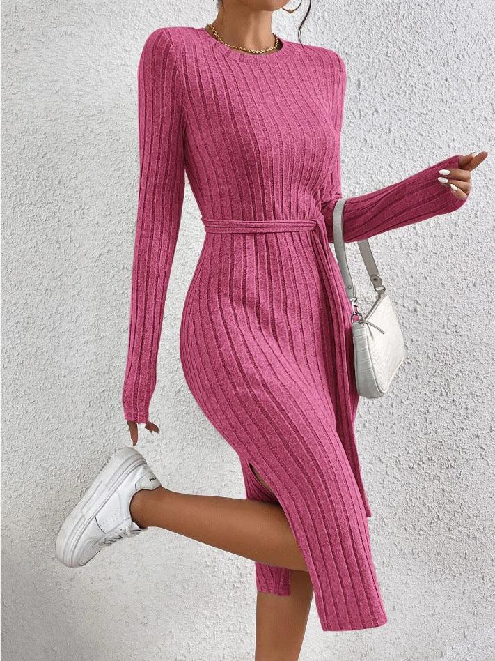 Ladies Ribbed Knit Belted Midi Dress G1026 - SWEETKAMA